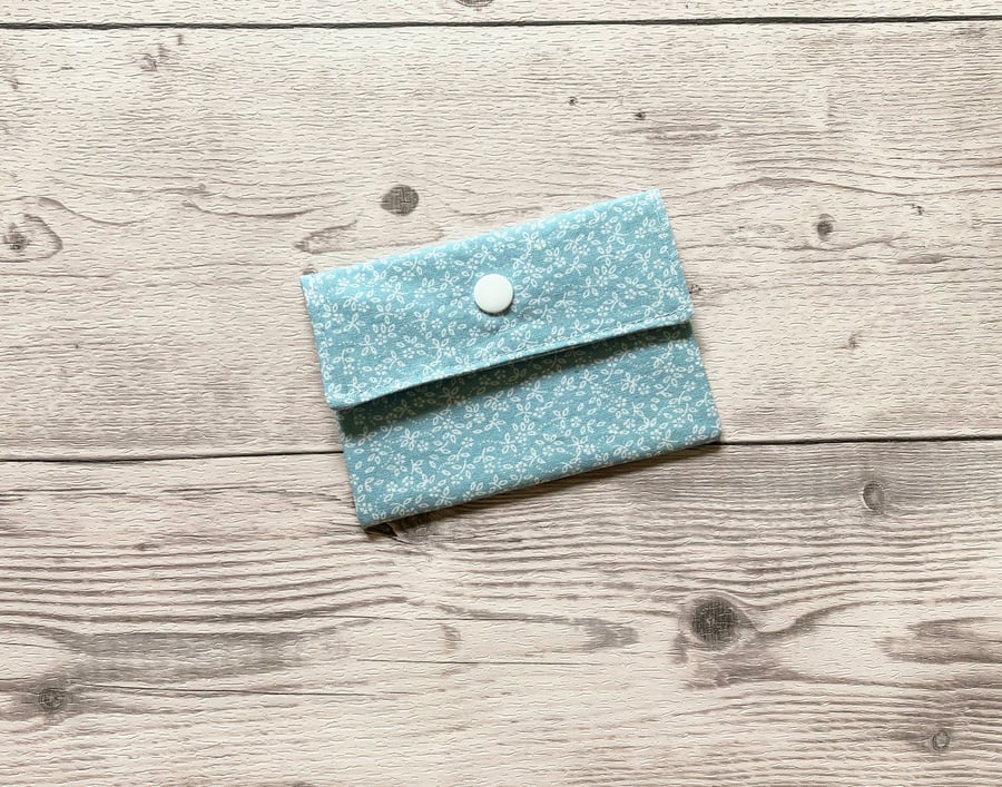 Card holder pouch. Loyalty, credit, debit cards purse. Ditsy duck egg blue.