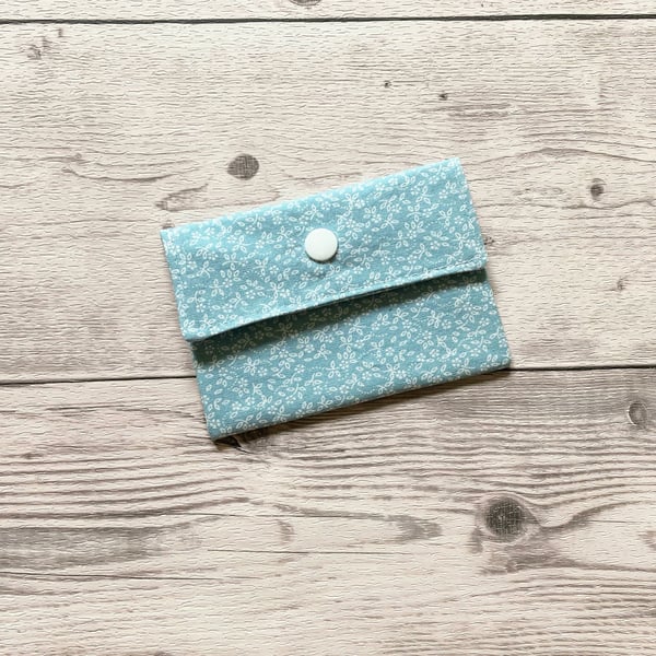 Card holder pouch. Loyalty, credit, debit cards purse. Ditsy duck egg blue.