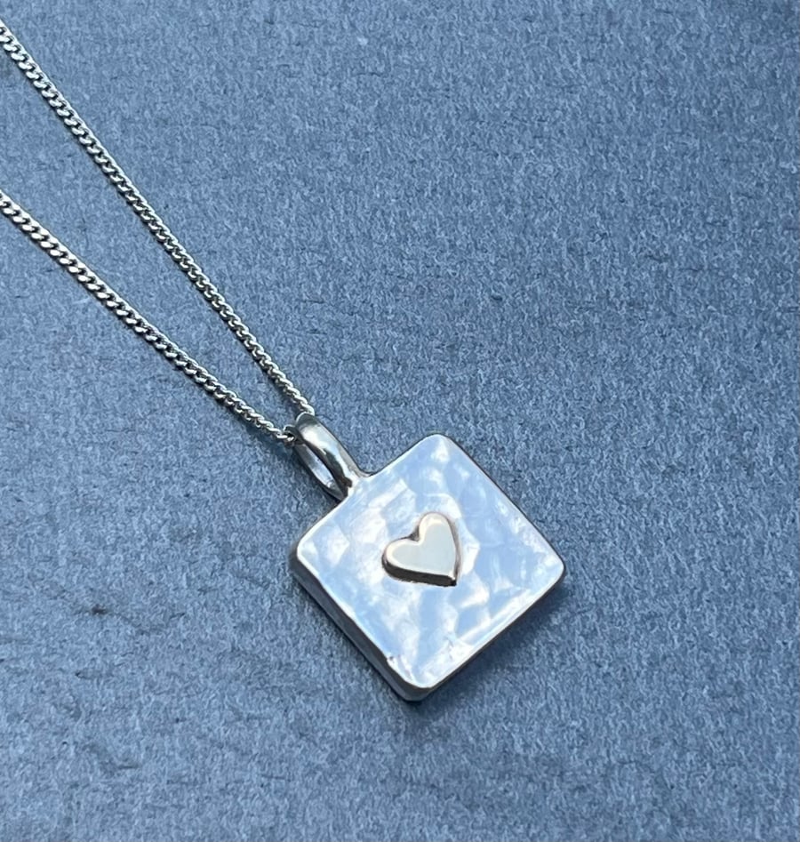 Gold Heart Pendant, hammered silver square pendant, small chunky square pendant,
