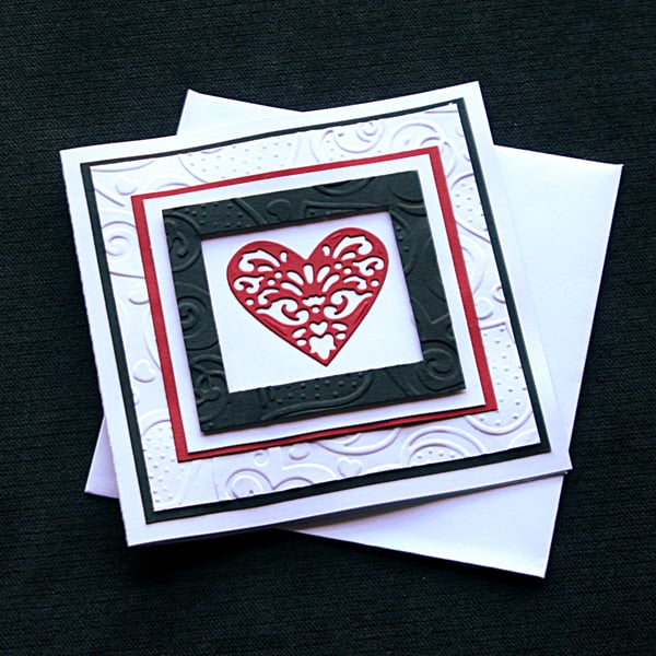 Red & Black Heart - Handcrafted Valentines or Anniversary Card - dr16-0022