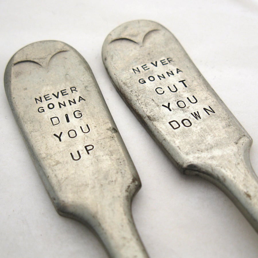 Pair of garden labels, humorous plant pot markers, handstamped vintage forks