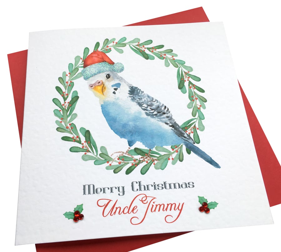Handmade Personalised Christmas Budgie Card