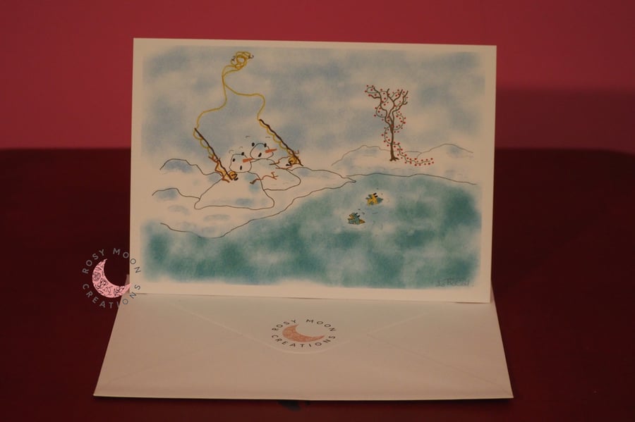 Two Naughty Snowmen go Fishing Blank Card 