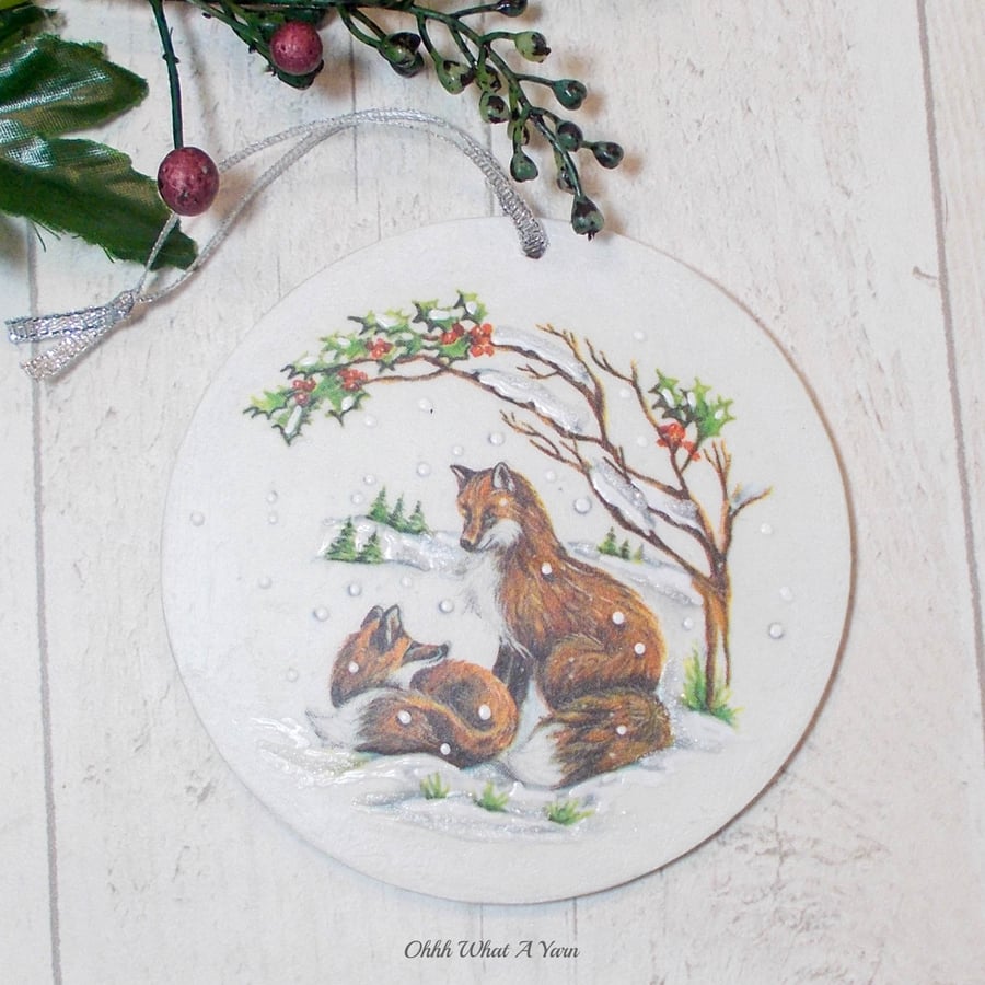 Fox mixed media hanging decoration. Fox ornament. Fox decoration.