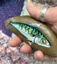 Hand painted Mackerel fish and varnished paper weight stone 