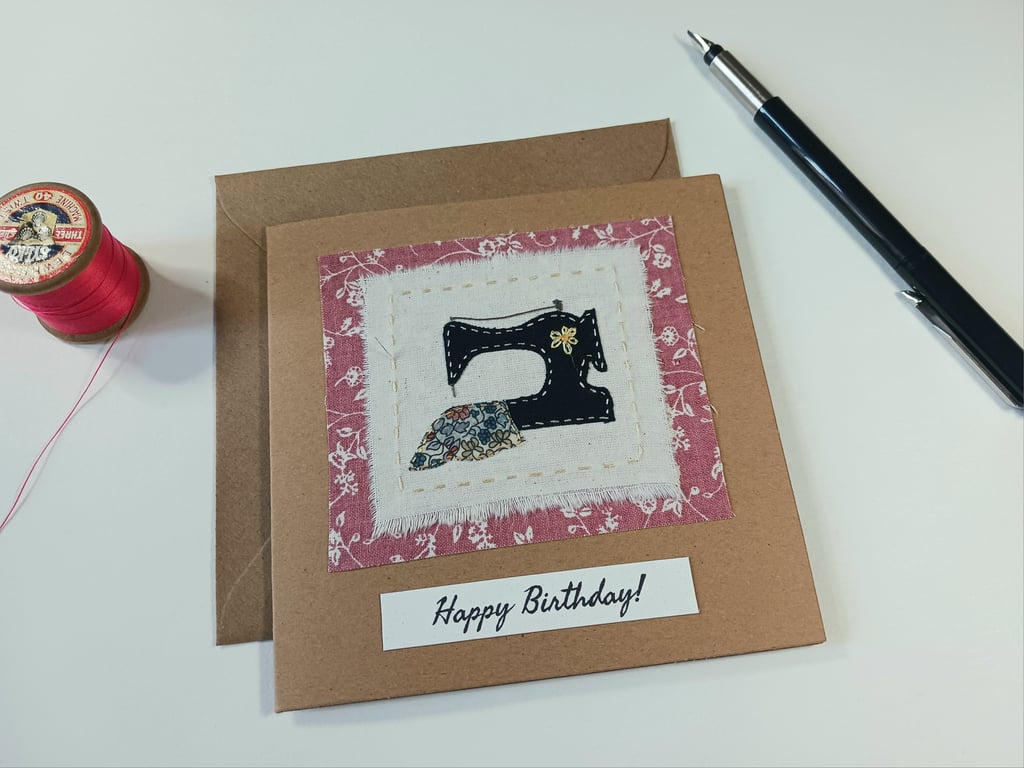 Vintage Sewing Machine Fabric Birthday Card Hand Stitched