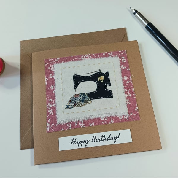 Vintage Sewing Machine Fabric Birthday Card Hand Stitched