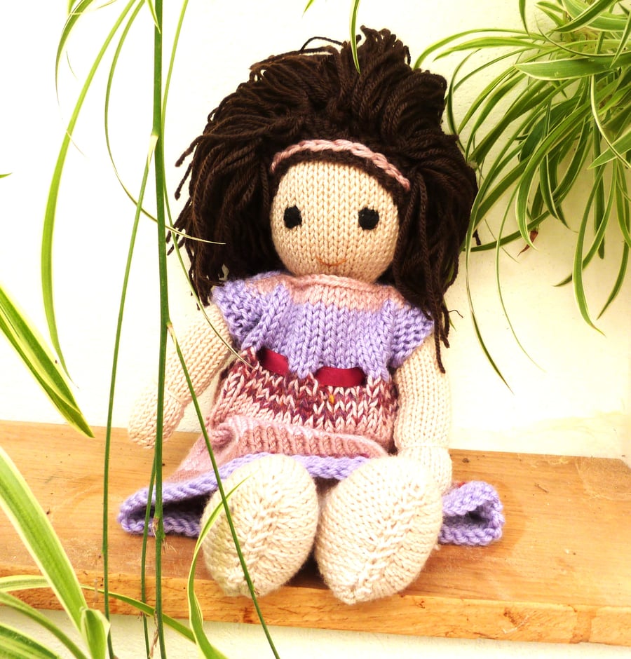 Doll. Hand Knitted Doll 12" handmade Doll with Brown Hair & Removable  Dress