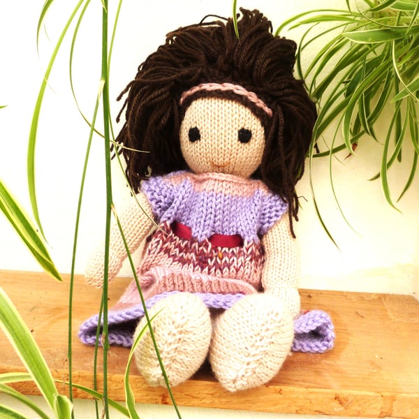 Doll. Hand Knitted Doll 12" handmade Doll with Brown Hair & Removable  Dress