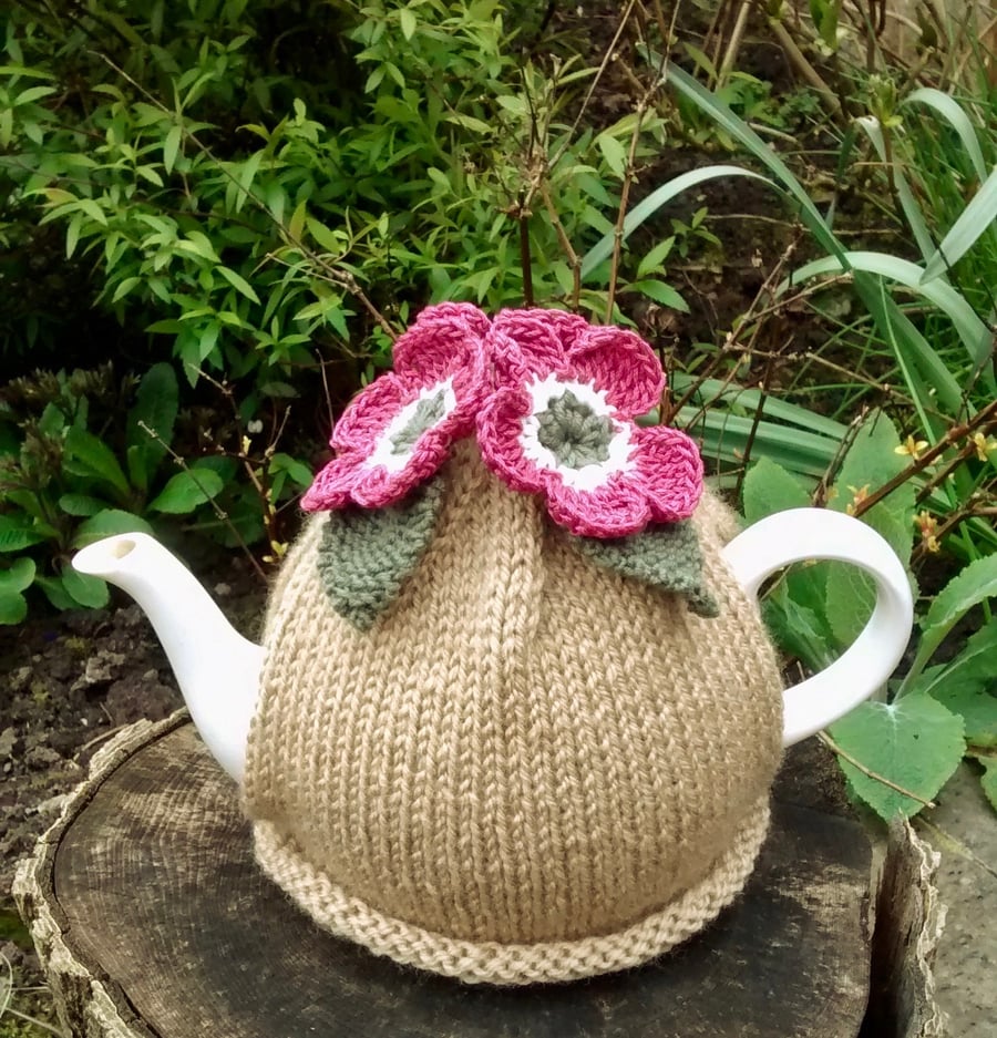 Caramel Tea Cosy with Rose Pink Flowers and Olive Green Leaves