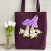 Purple tote bag with mushrooms and flowers