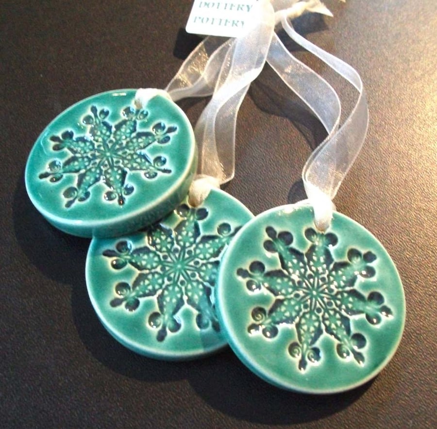 blue ceramic snowflake decorations