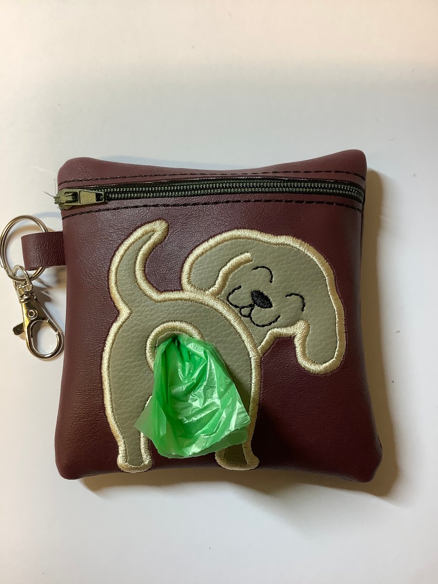 Attractive Embroidered Labrador Burgundy faux leather dog poo bag ,dog walking,