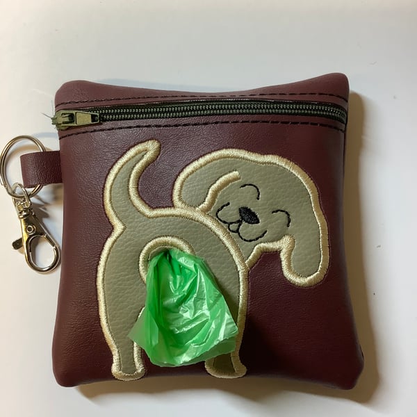 Attractive Embroidered Labrador Burgundy faux leather dog poo bag ,dog walking,