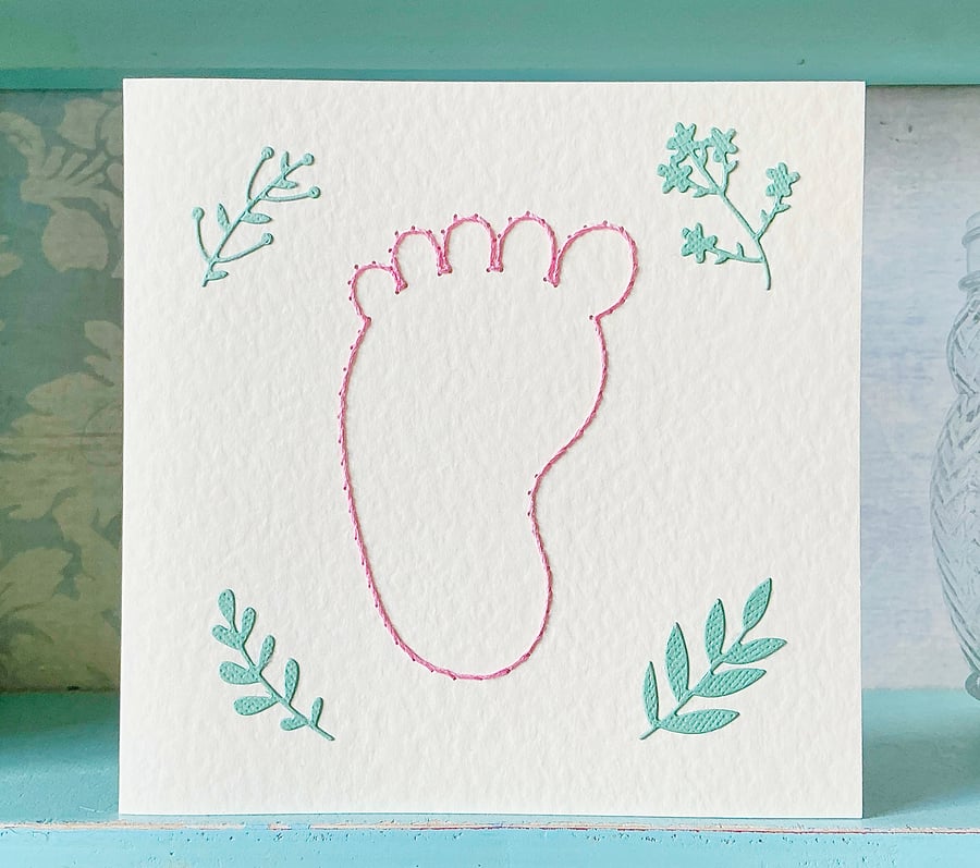 Hand Sewn Card. Baby Girl Card. New Baby Card. Baby Shower Card. Congratulations