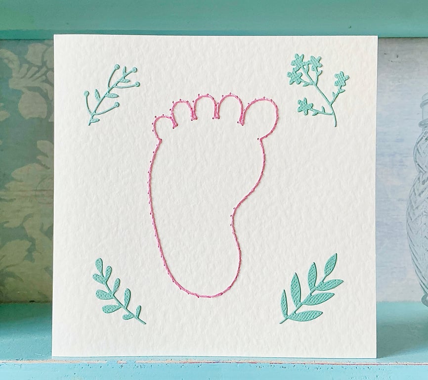 Hand Sewn Card. Baby Girl Card. New Baby Card. Baby Shower Card. Congratulations