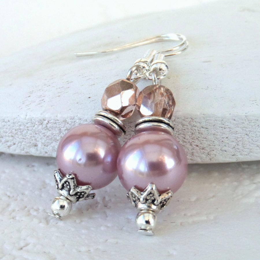 Pink shell pearl and crystal dangly earrings