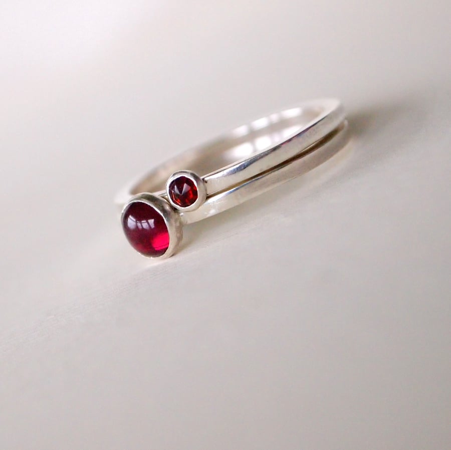 Garnet & Sterling Silver Stacking Rings, Set of Two
