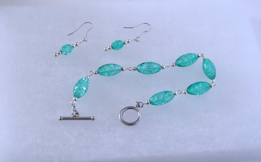 Teal Crackle Glass and Silver Bracelet and Earring Set