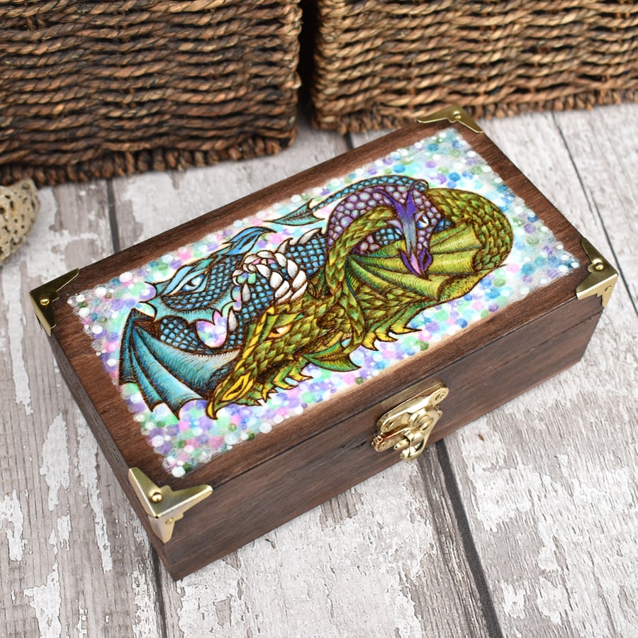 Rustic dragon trio pyrography wooden box, jewellery box, treasure keeper.
