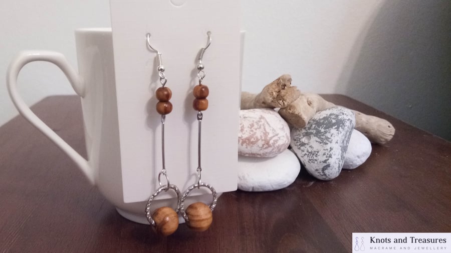 SALE Silver and Wooden Bead Dangle Earrings