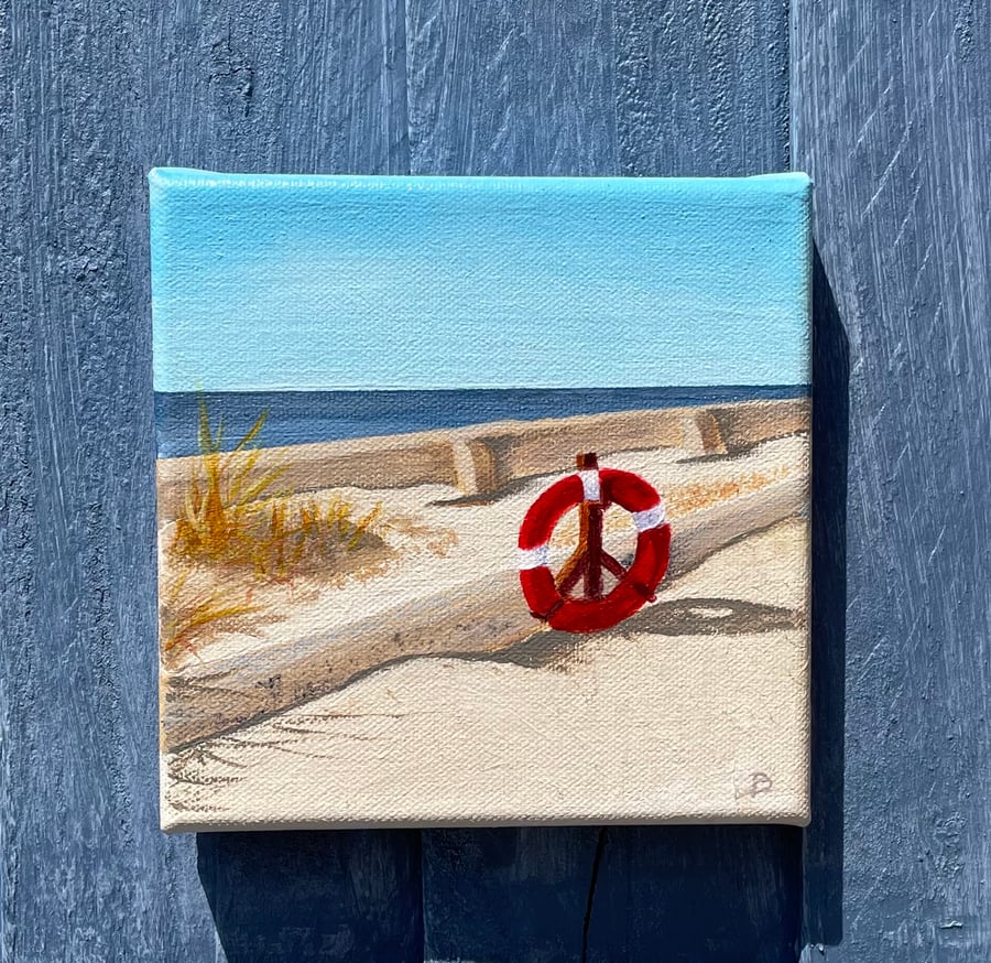 Original art, small acrylic painting, beach scene, merseyside