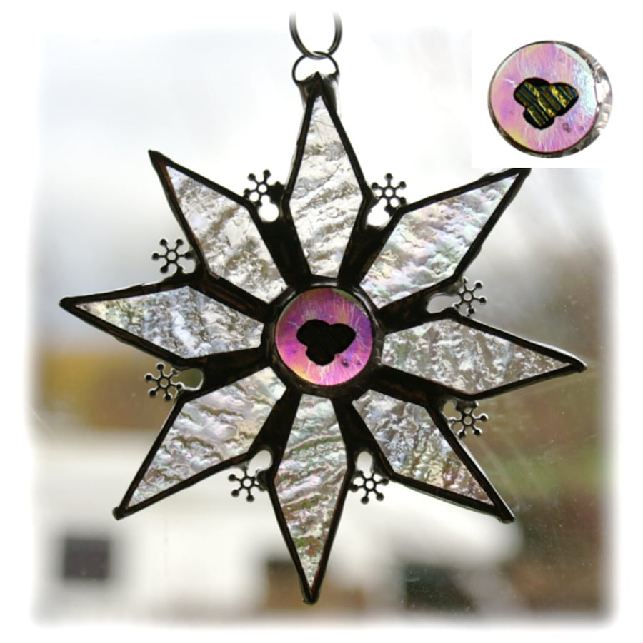 Sparkly Star Suncatcher Stained Glass Snowflake Pink heart Handmade 9.5cm 026
