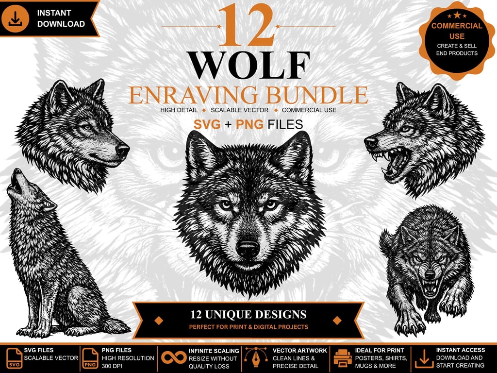 12 Vintage Wolf Engraving SVGs Wolf Clipart Bundle (Digital Download)