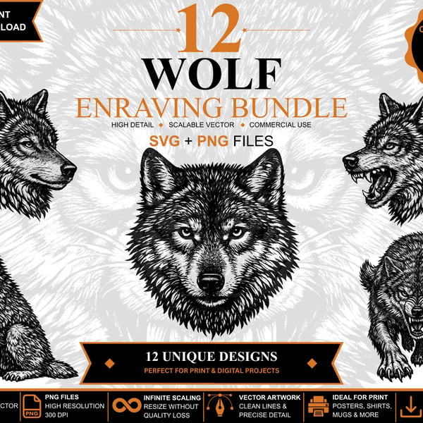 12 Vintage Wolf Engraving SVGs Wolf Clipart Bundle (Digital Download)