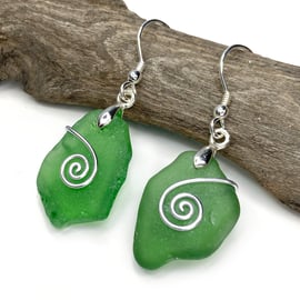 Sea Glass Earrings - Dark Green - Handmade Scottish Silver Wire Celtic Jewellery