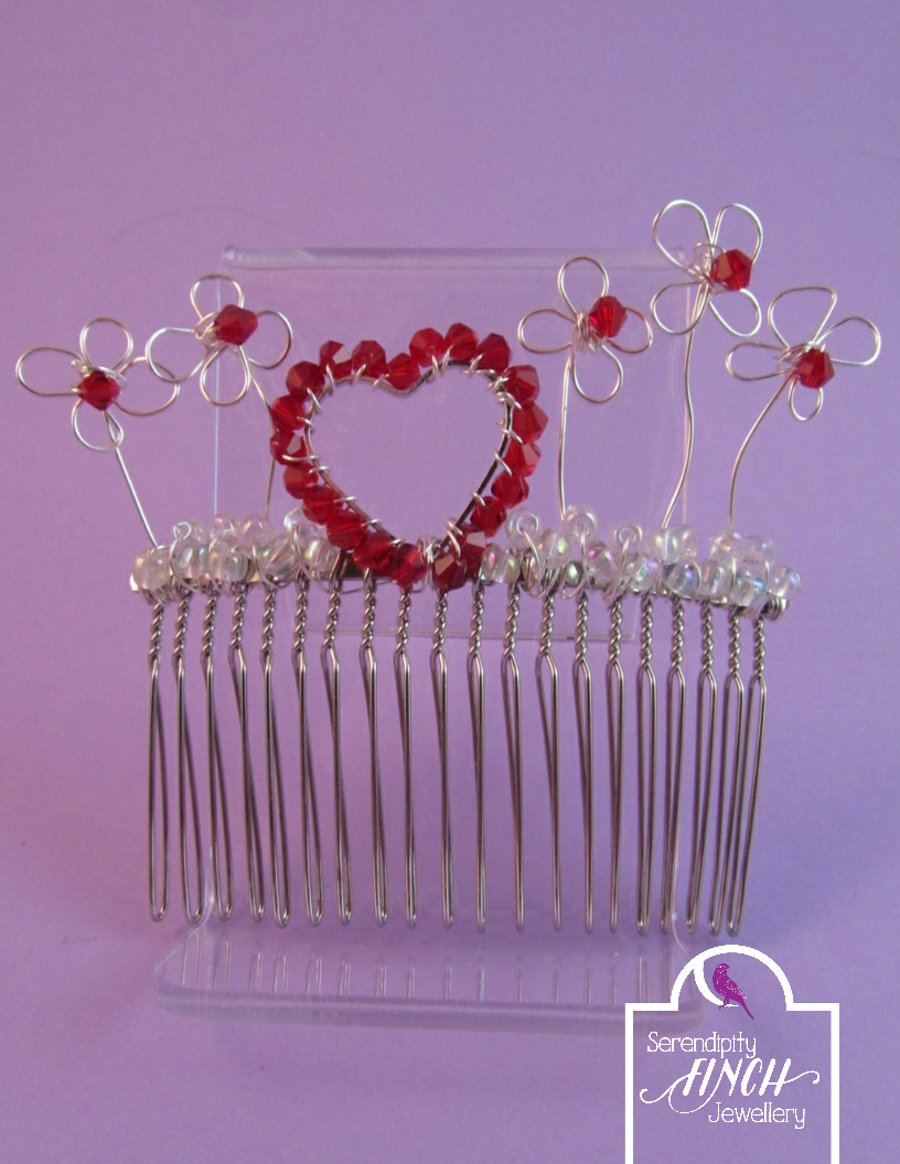 Red Heart Hair Comb with Flowers
