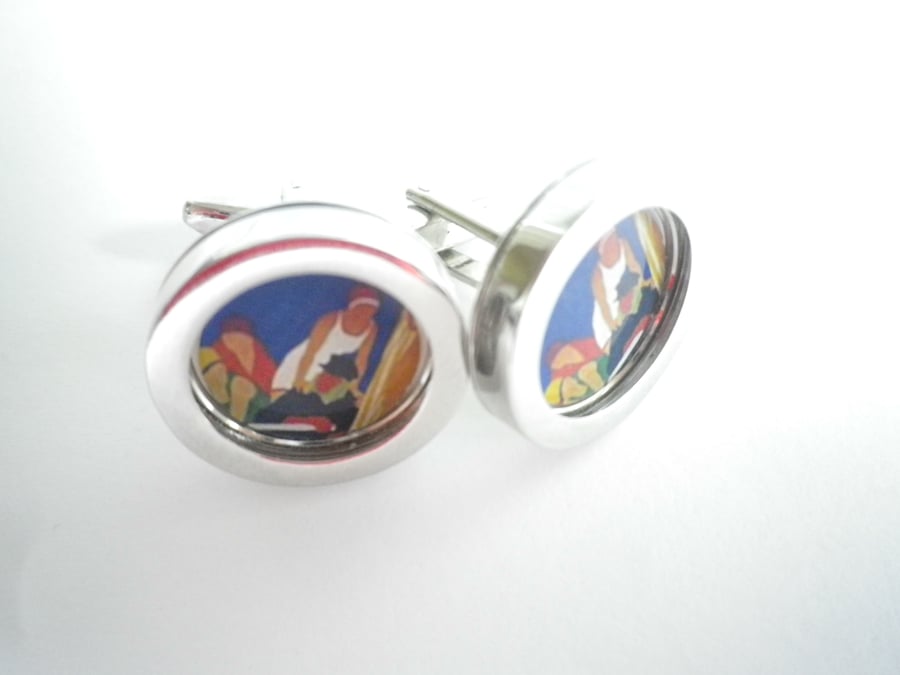 1930s Boating Scene cufflinks, lovely fresh colours and image, free UK shipping