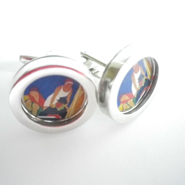 1930s Boating Scene cufflinks,free shipping, gift wrapped, lovely image, 1234