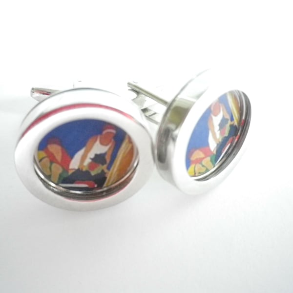 1930s Boating Scene cufflinks, lovely fresh colours and image, free UK shipping