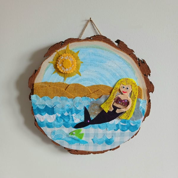 Wooden wall art mermaid and sun