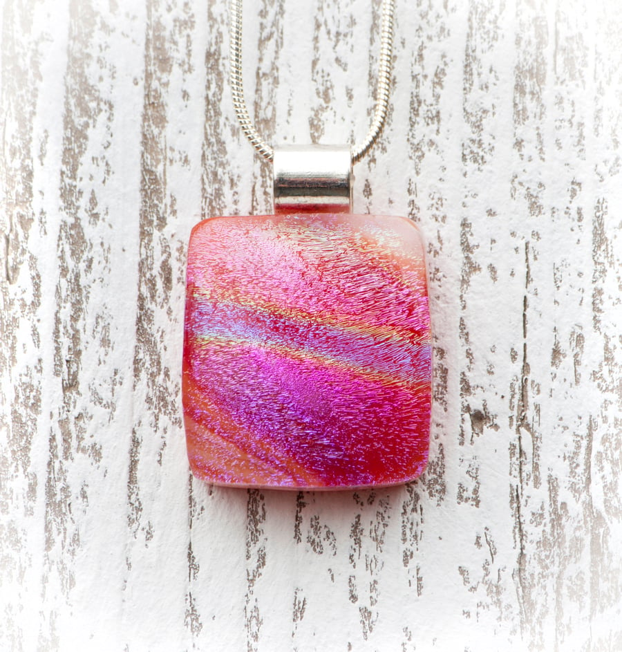 Fused Glass Necklace - Pink, Coral and Rainbow