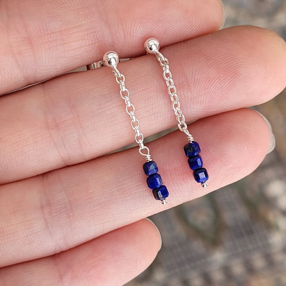 Lapis Lazuli Beaded Drop Earrings with Recycled Sterling Silver