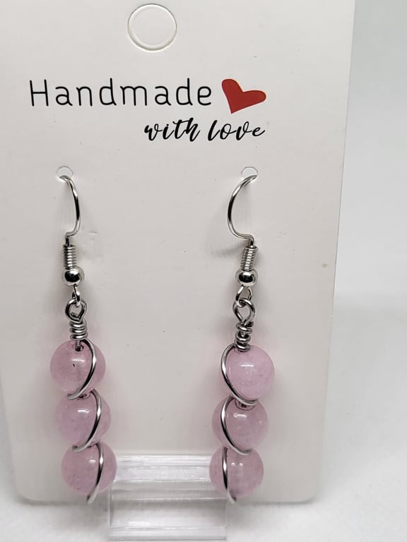 Pink Morganite Spiral Earrings Natural Stone Stainless Steel Handmade