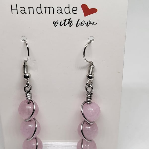 Pink Morganite Spiral Earrings Natural Stone Stainless Steel Handmade