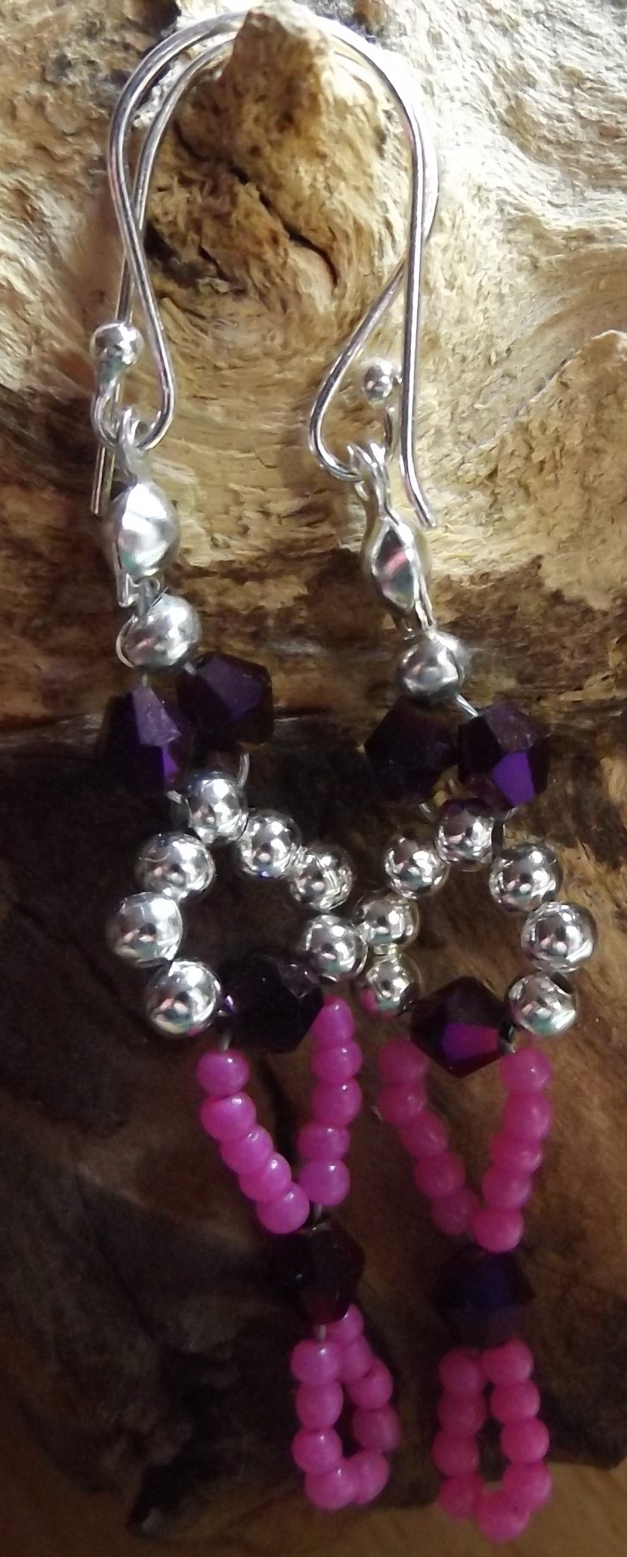 hot pink beaded earrings with purple crystals