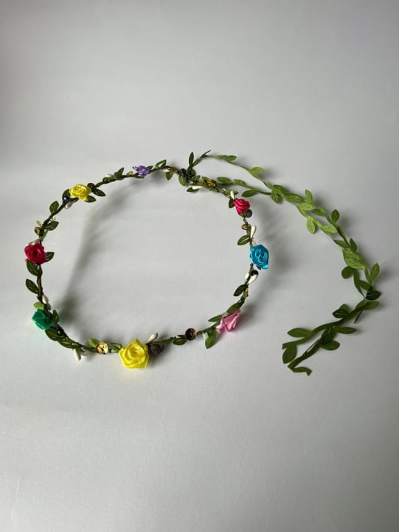 MultiColoured Fabric Flower Crown with sequins & beads - One size, Long Lasting!