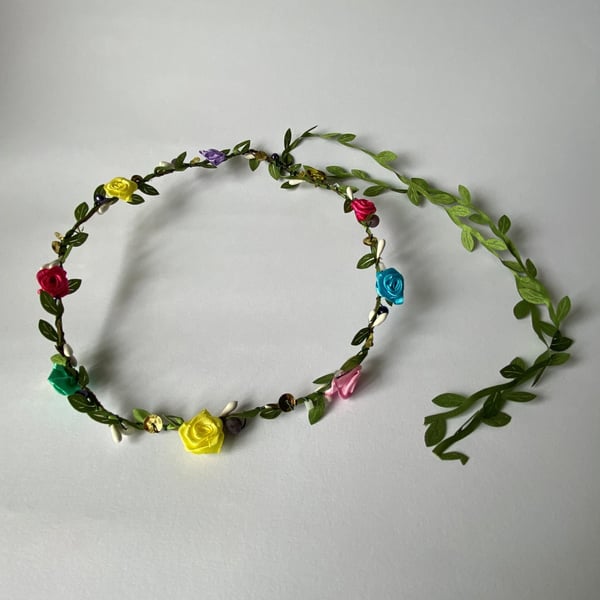 MultiColoured Fabric Flower Crown with sequins & beads - One size, Long Lasting!