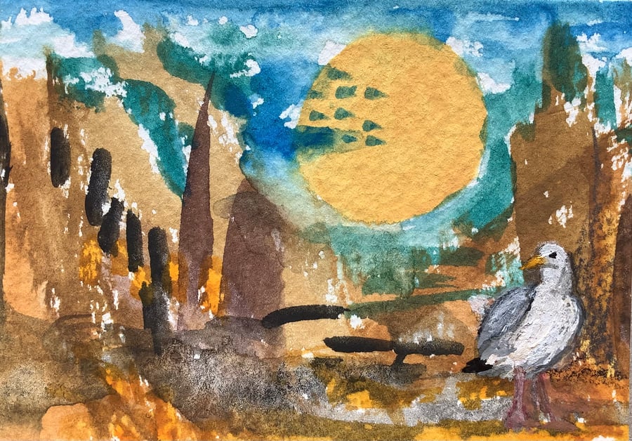 Abstract beach seagull aceo 