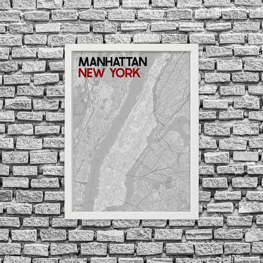 Manhattan, New York: Black and red street map print