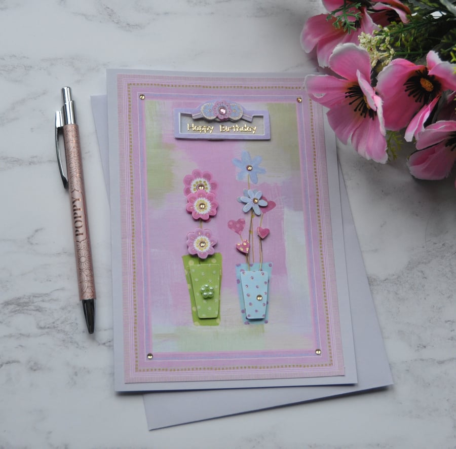 Happy Birthday Card Flower Pots Mixed Media Free Post 3D Luxury Handmade Card