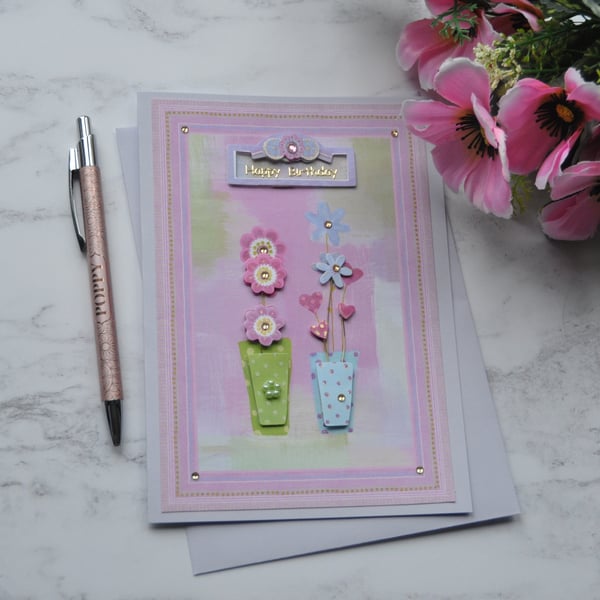 Happy Birthday Card Flower Pots Mixed Media Free Post 3D Luxury Handmade Card