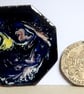 yellow. purple and white scrolled over dark blue - brooch - Image 3