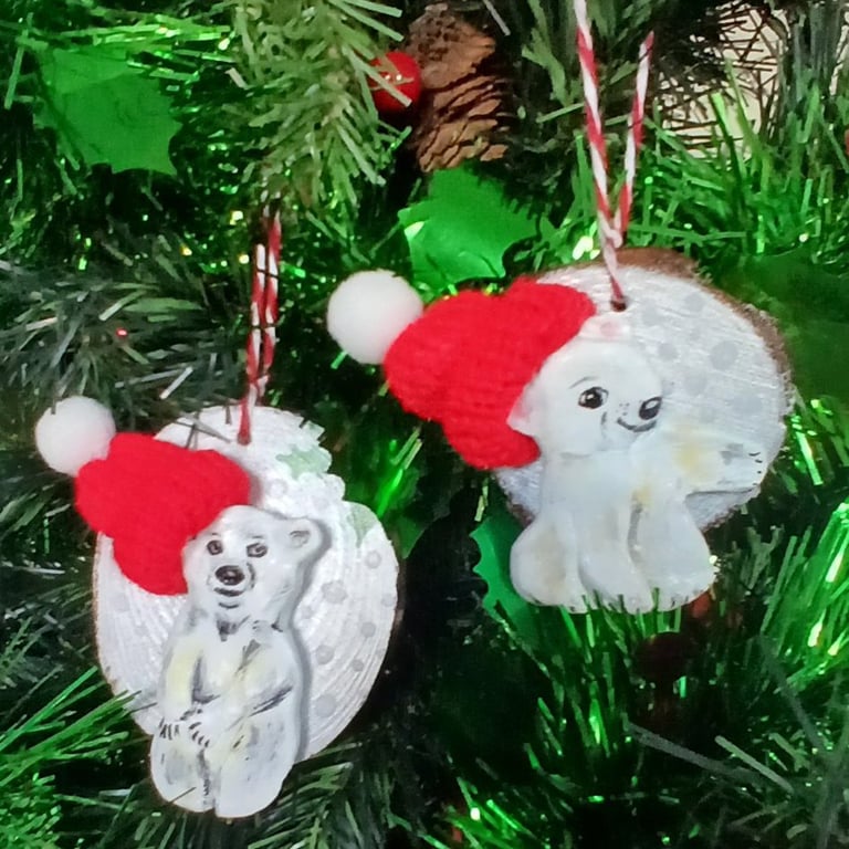 Polar bear cub's Christmas tree decorations set of 2, airdry clay & wooly hat's 