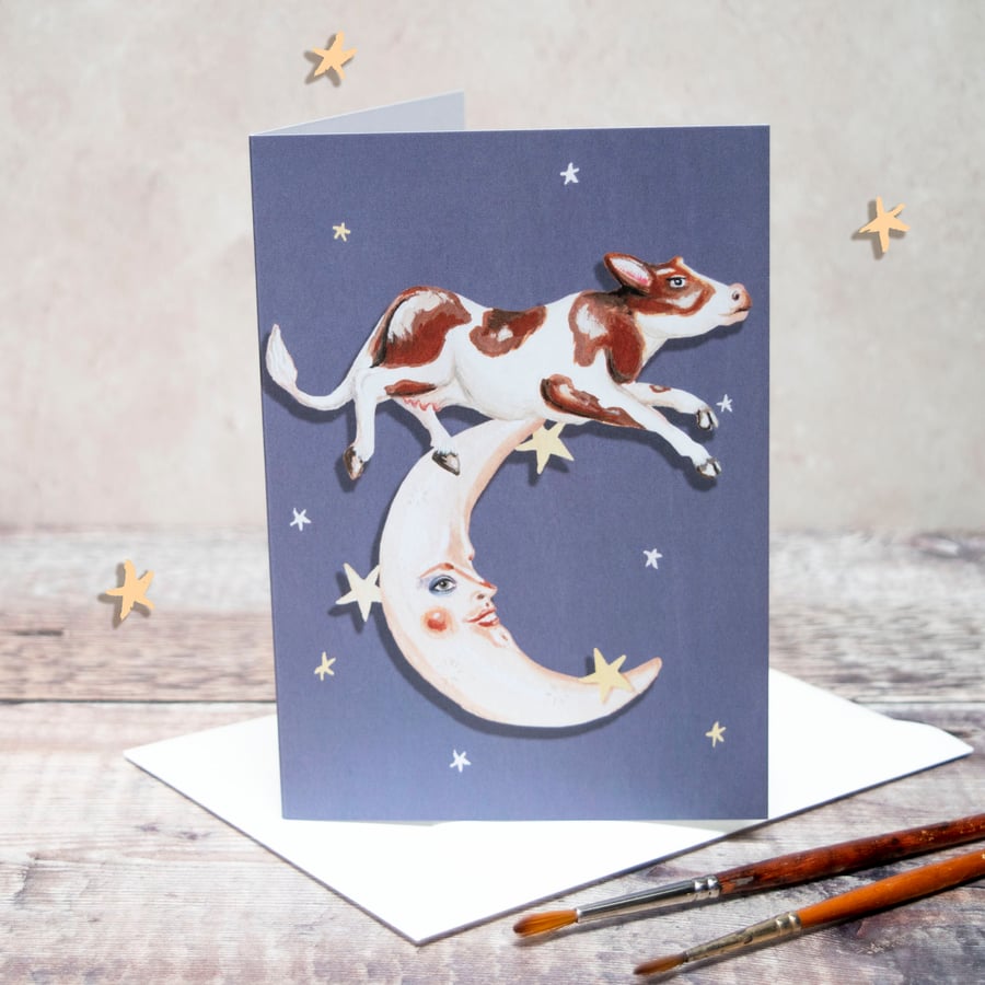 Greeting card of the cow that jumped over the moon- A6, blank inside