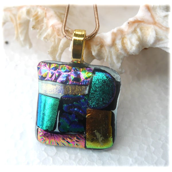 Fused Glass Heart Pendant Handmade Dichroic Jewelry with Fabric